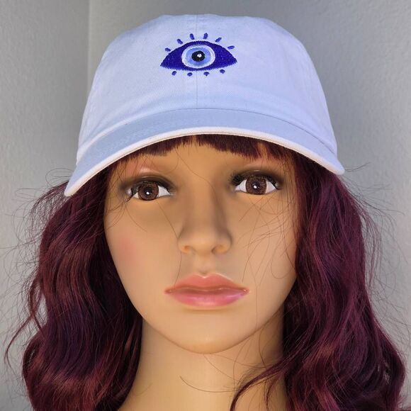 ?️NWT David & Young White w/Blue Embroidered Evil Eye Hat One Size main image 5